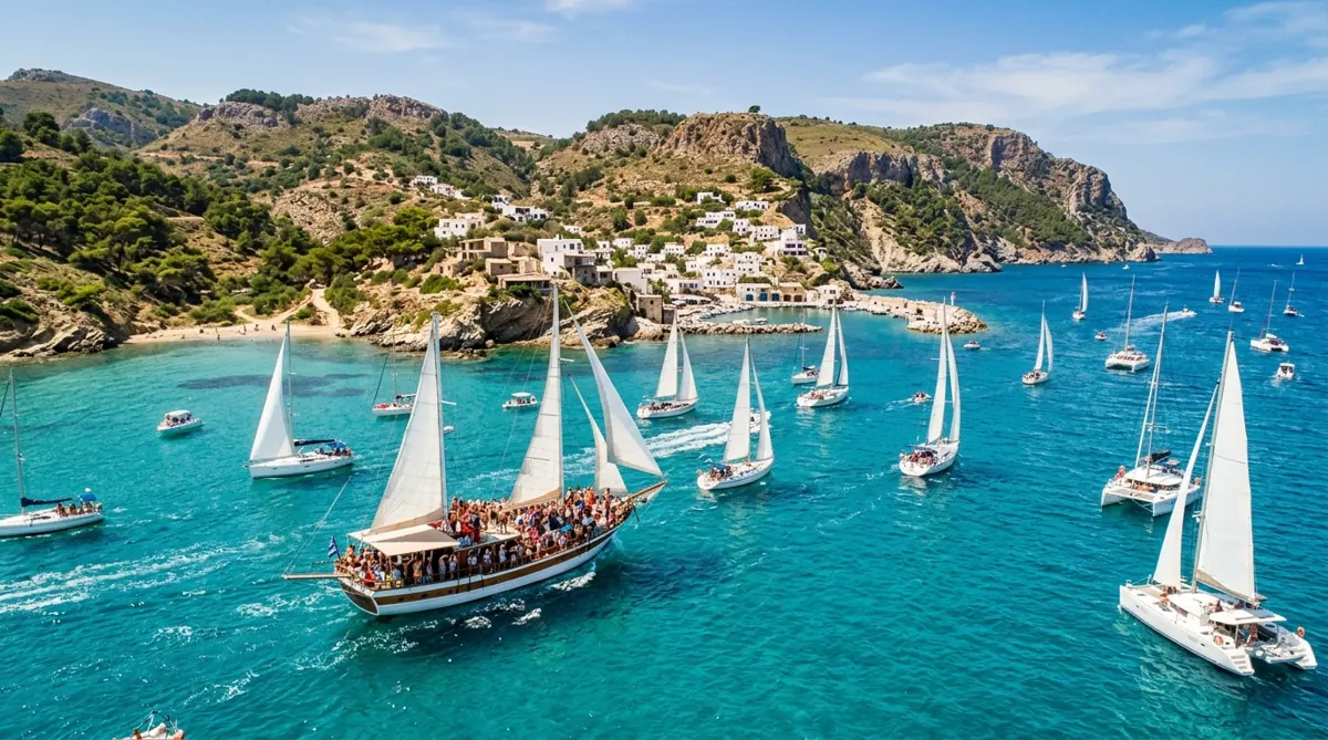 Partyboot auf türkisem Meer vor der Küste