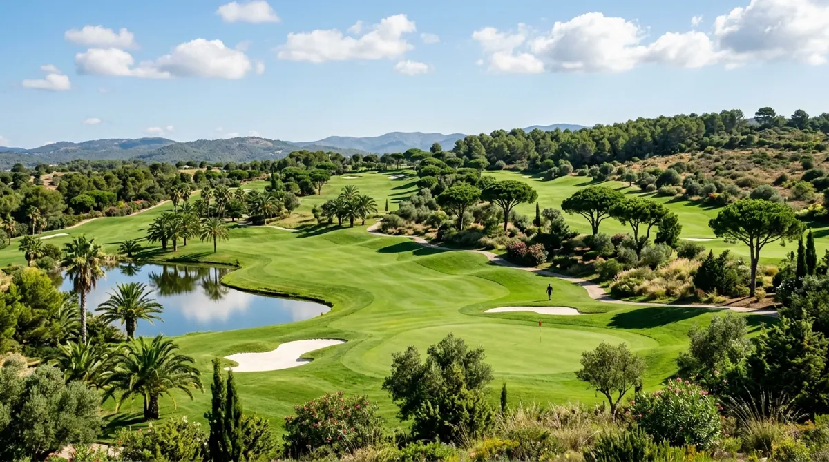 Grüner Golfplatz mit mediterraner Vegetation