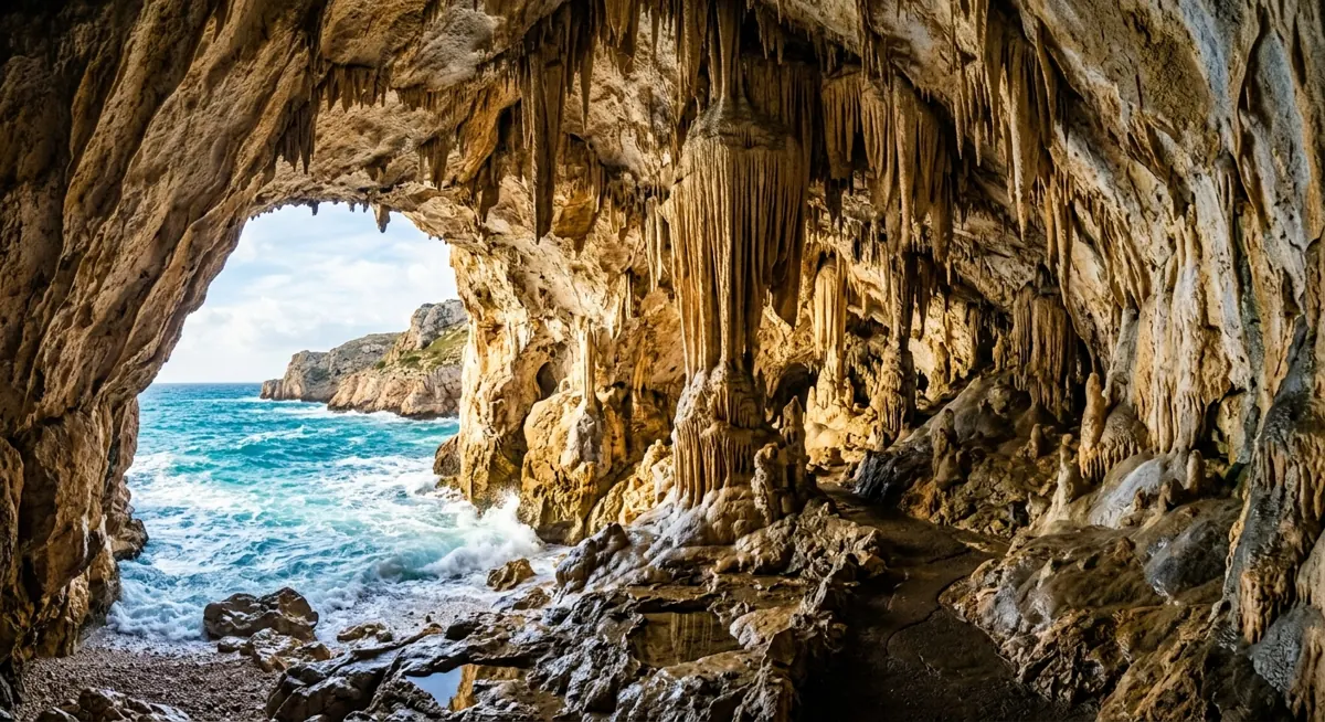 Tropfsteinhöhle mit beleuchteten Formationen