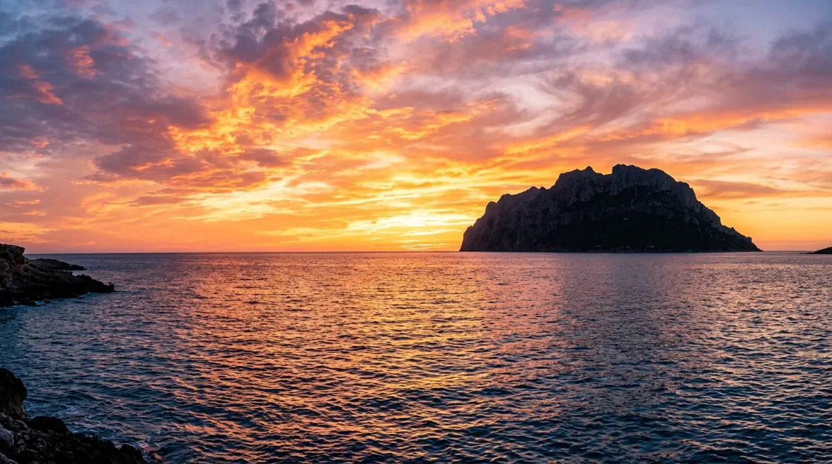 Spektakulärer Sonnenuntergang über dem Meer mit Felsinsel