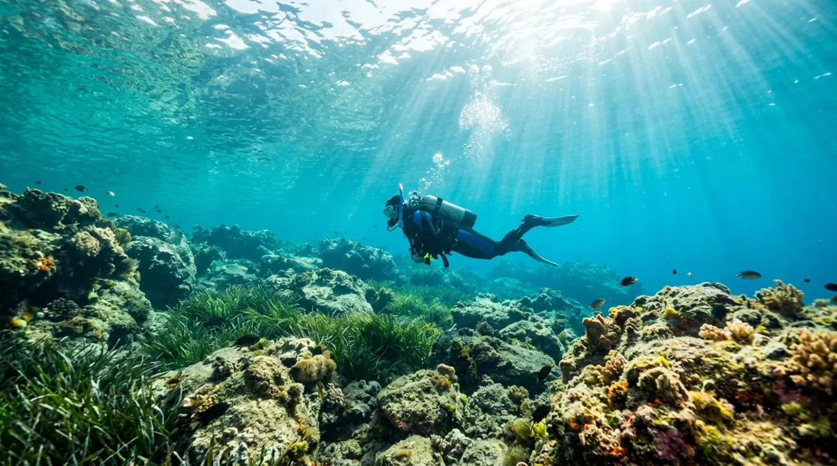 Taucher im klaren türkisen Wasser über Felsen