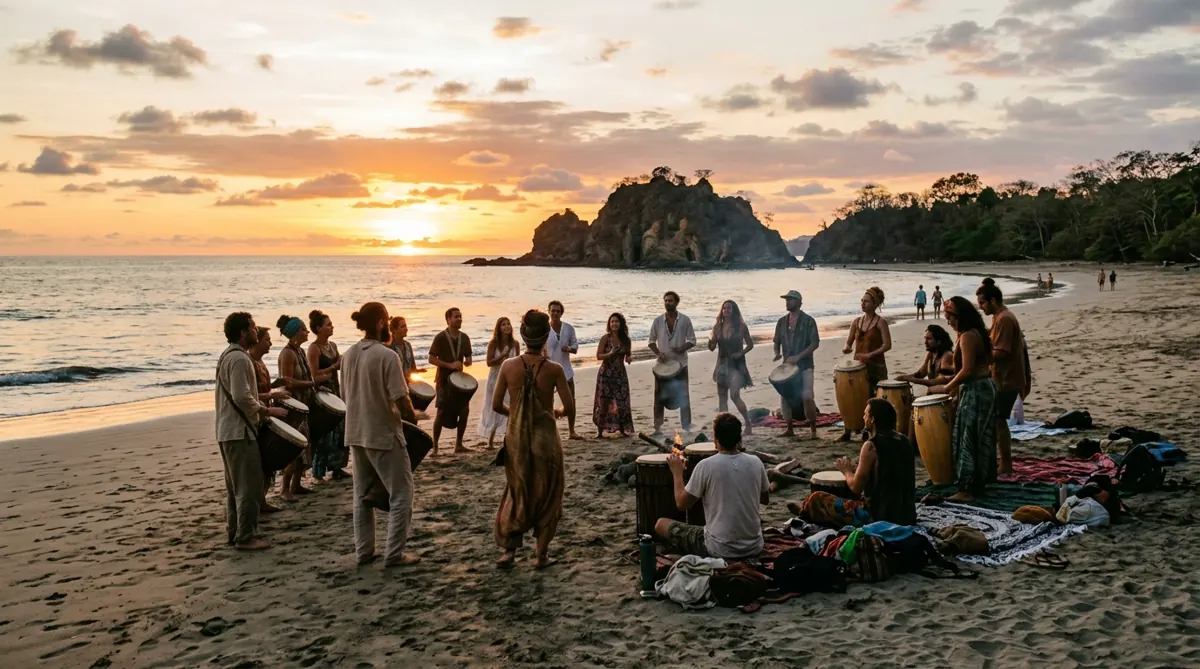 Strand bei Sonnenuntergang mit Trommlern