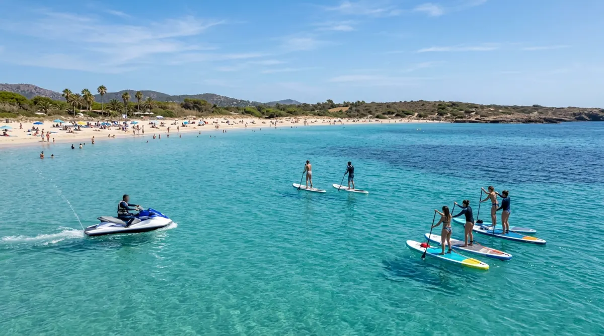 Stand-up-Paddler und Jetski auf türkisem Wasser