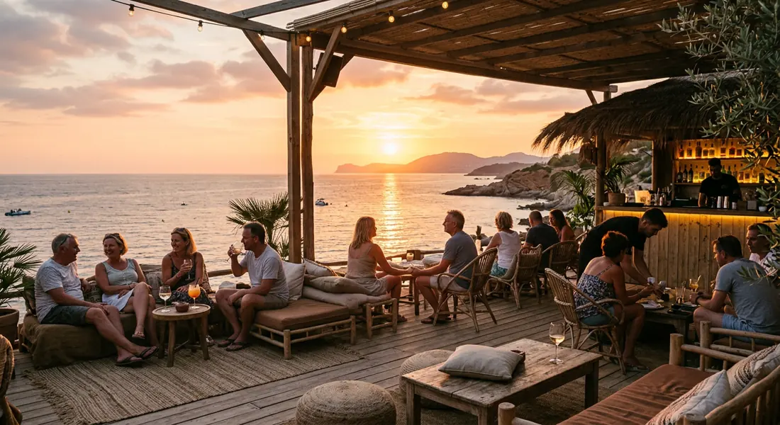 Menschen blicken auf den Sonnenuntergang am Meer