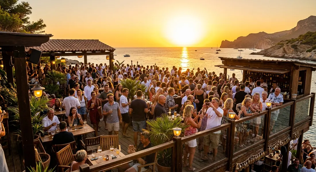 Sonnenuntergang über dem Meer mit Menschen