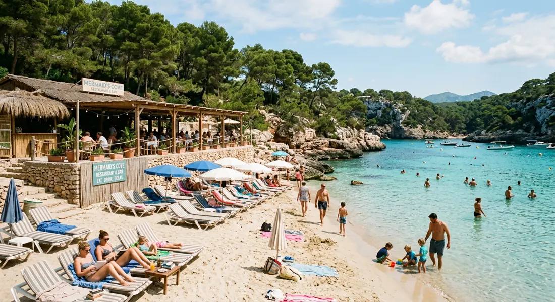 Liegen und Restaurant an einer türkisen Bucht