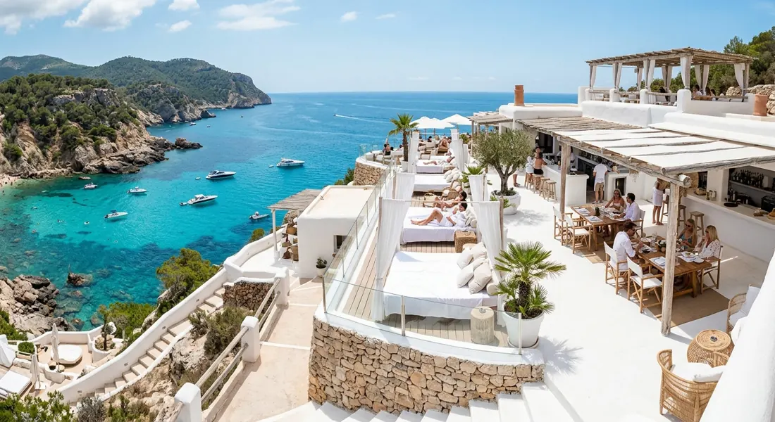 Witte beachclub op een klif boven turquoise water