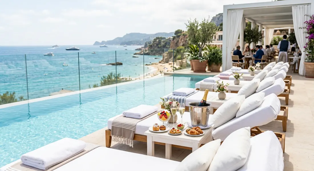 Elegante Daybeds en zwembad bij een beachclub