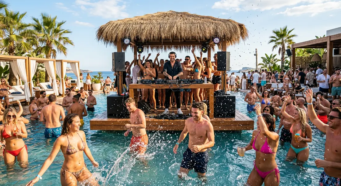 Poolparty-Stimmung mit Tänzern und DJ