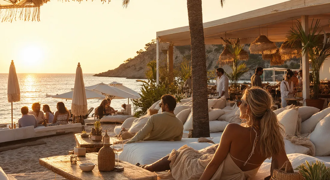 Stilvoller Beachclub am Strand von Playa d'en Bossa bei Sonnenuntergang