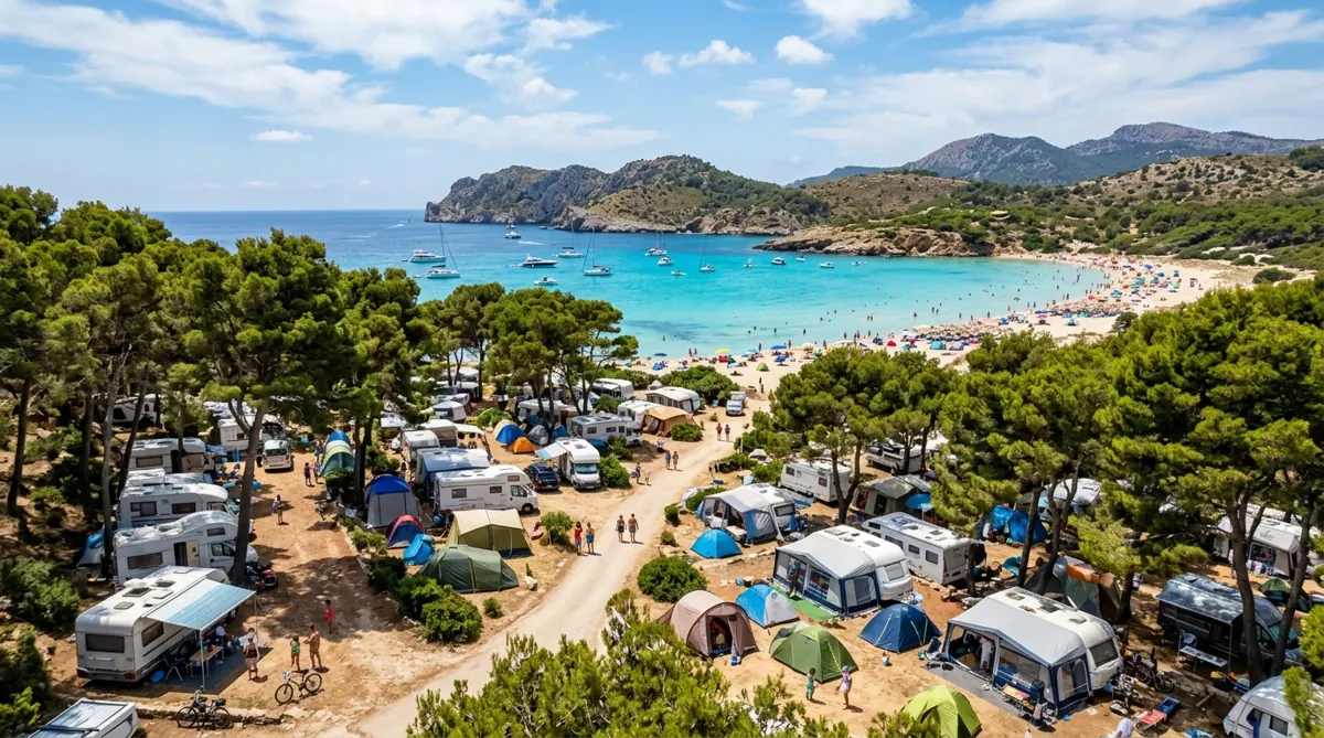Campingplatz unter alten Pinien nahe einer türkisen Bucht
