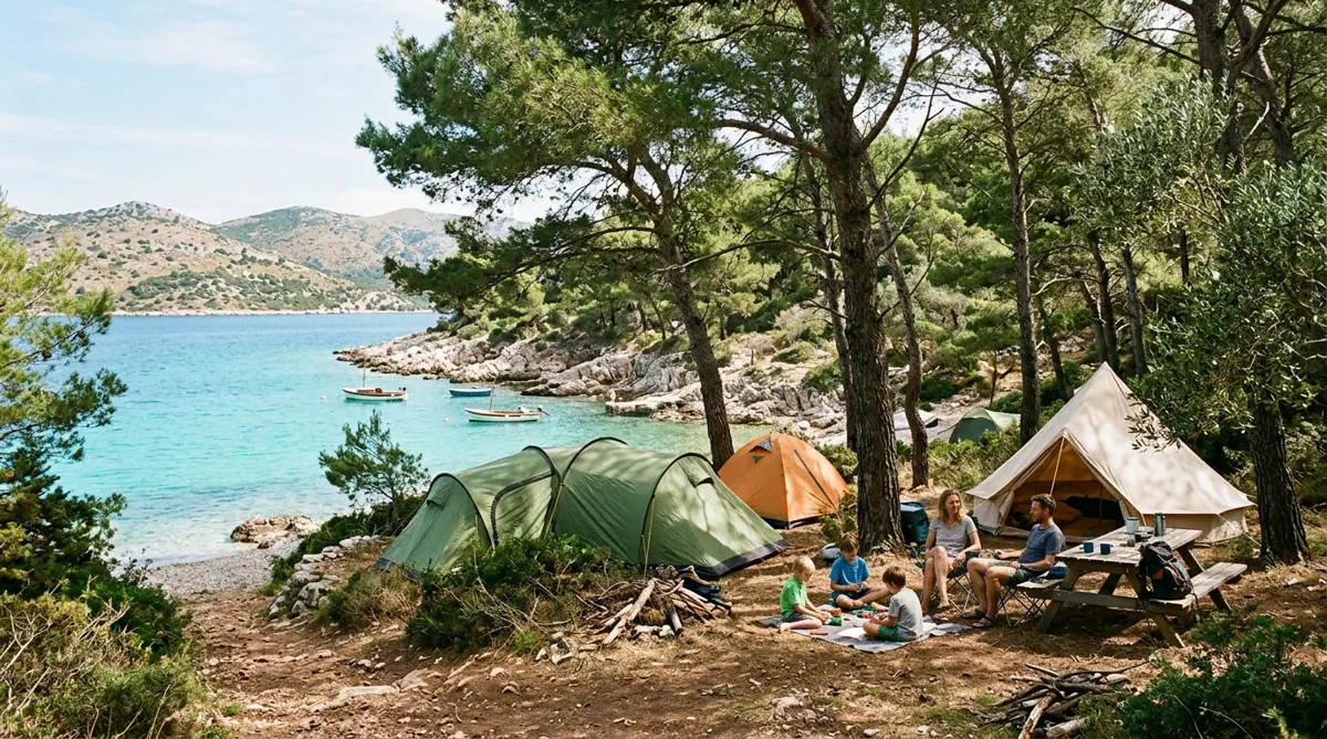 Campingplatz im Pinienwald nahe einer Bucht