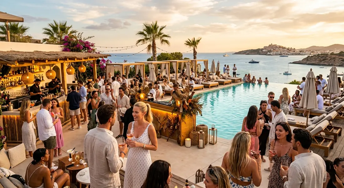 Ambiente de fiesta diurna junto a una piscina con vistas al mar