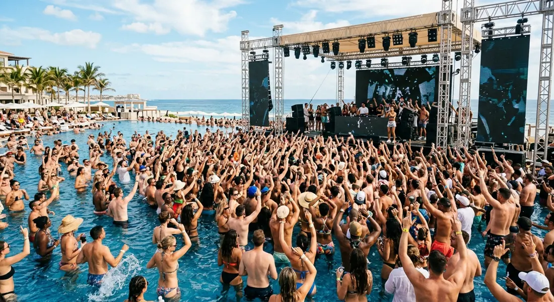 Multitud grande en un espectáculo al aire libre junto a la piscina