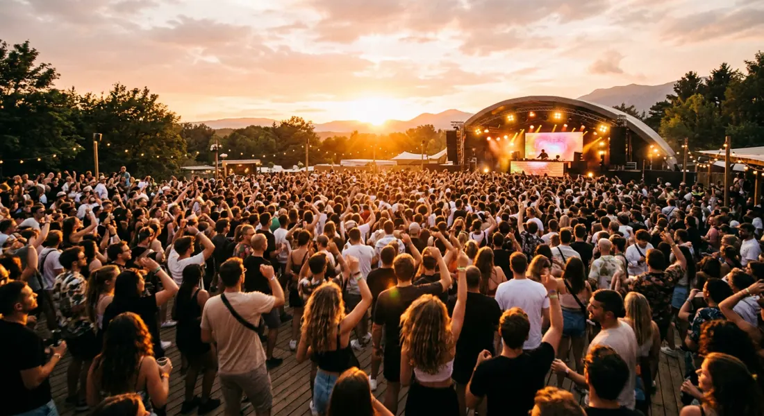 DJ vor großer Crowd bei Sonnenuntergang (Symbolbild)