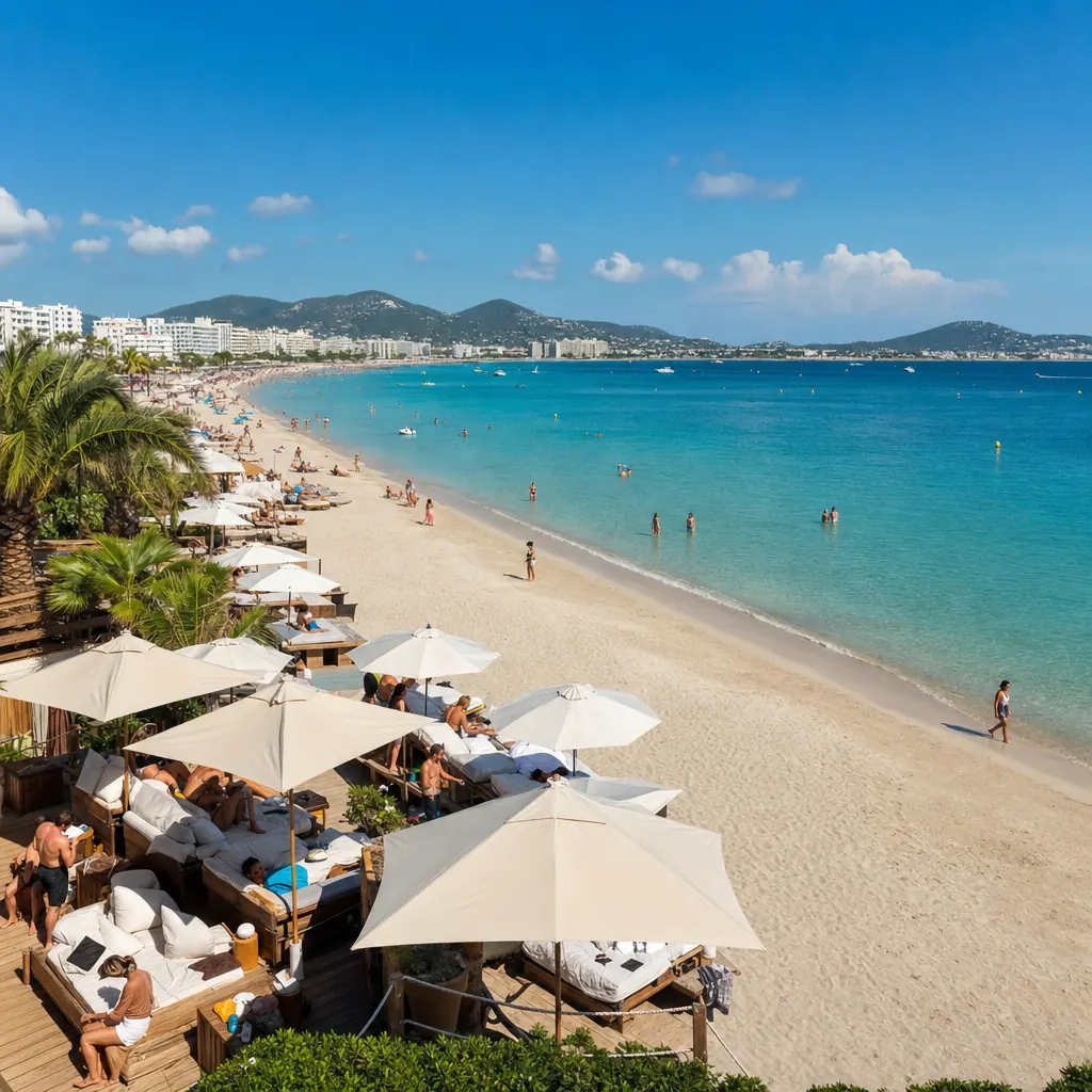 Lunga spiaggia sabbiosa di Playa d'en Bossa con mare turchese