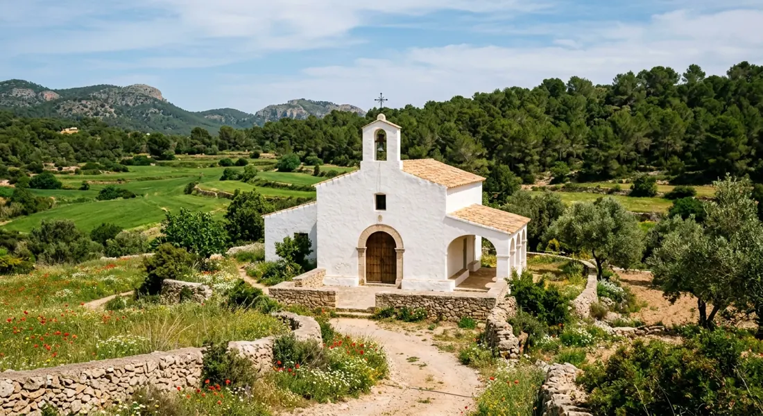 Chiesa bianca del paese di San Carlos nel nord-est di Ibiza