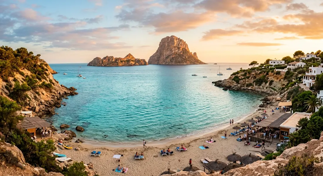 Bucht Cala d'Hort mit Blick auf den Felsen Es Vedrà