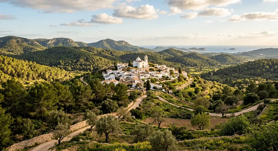 Chiesa del paese di San José davanti alle colline nel sud-ovest di Ibiza