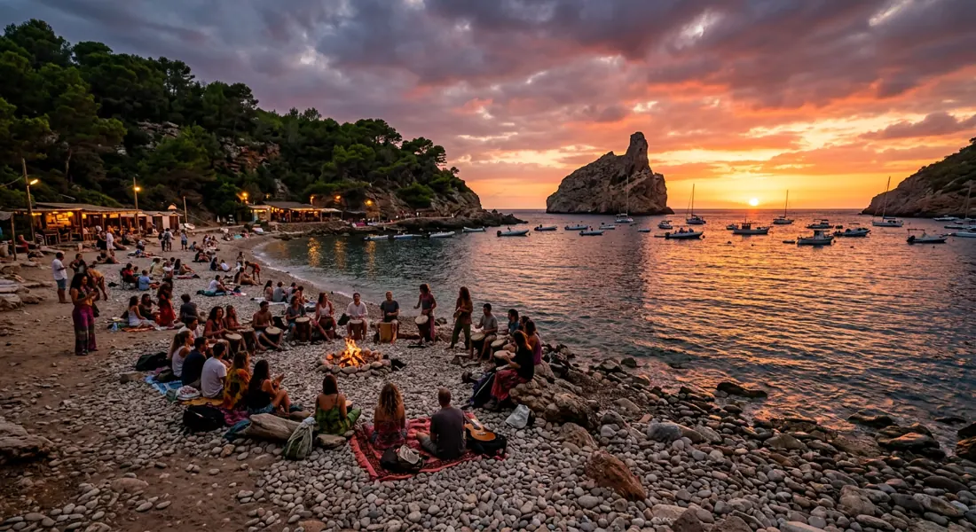 Hippiestrand Cala Benirràs mit Felsen Cap Bernat