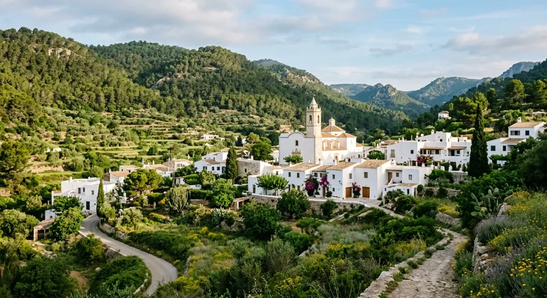 Weißes Bergdorf San Juan im grünen Norden Ibizas