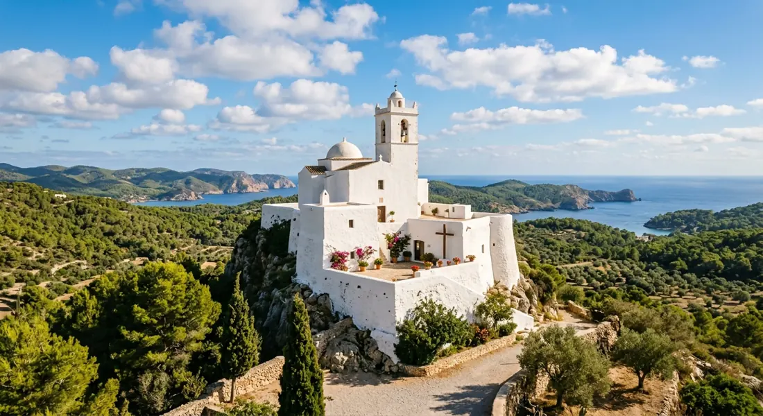 Chiesa bianca sulla collina di San Miguel nel nord di Ibiza
