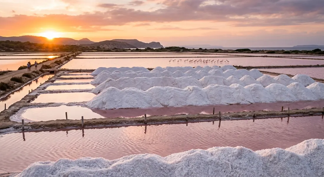 Salinen von Ses Salines mit rosa schimmerndem Wasser