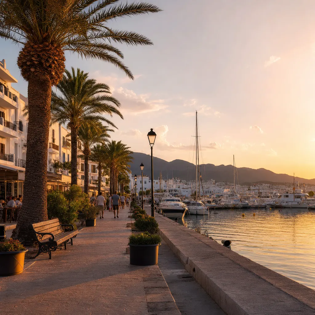 Promenade und Marina von Santa Eulalia bei Sonnenuntergang