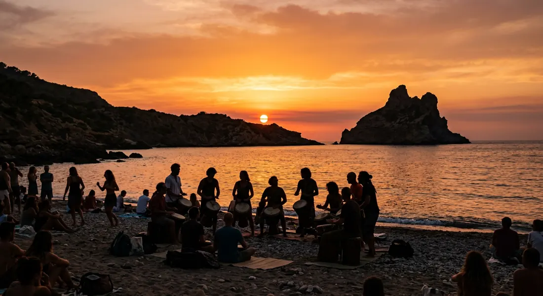 Sonnenuntergang und Trommler an der Cala Benirràs