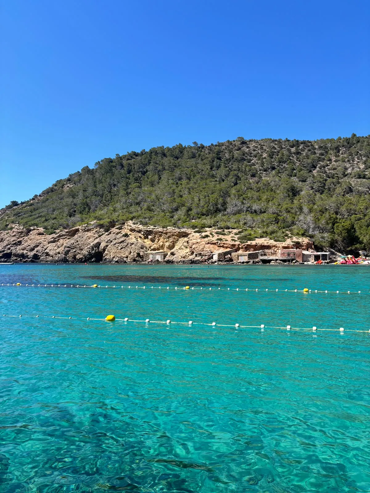 Glasklares türkisfarbenes Wasser der Cala Benirràs mit bewaldeten Hügeln und Fischerhütten an der Bucht
