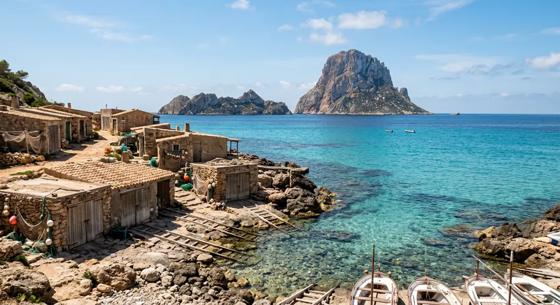 Fischerhütten und klares Wasser an der Cala d'Hort