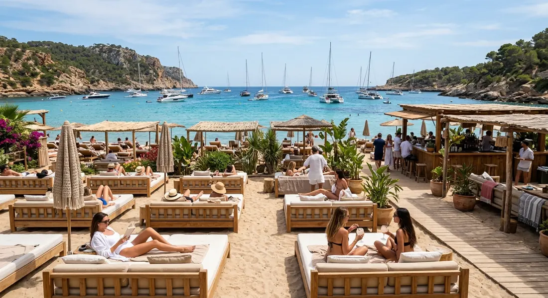 Beach-Club-Atmosphäre an der Cala Jondal