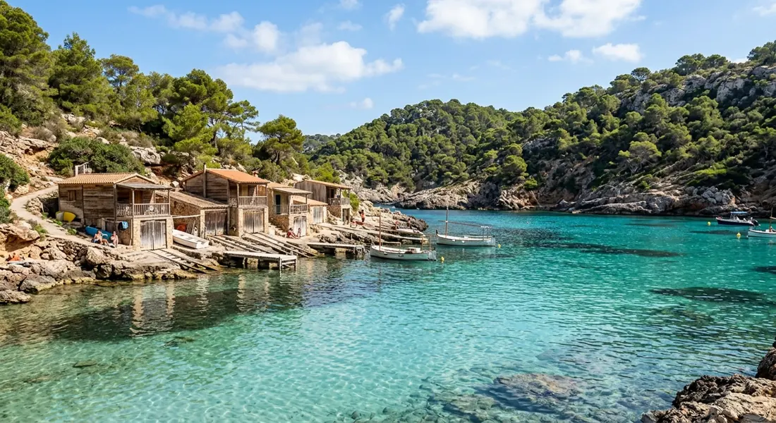 Klares Wasser und Fischerhütten an der Cala Salada
