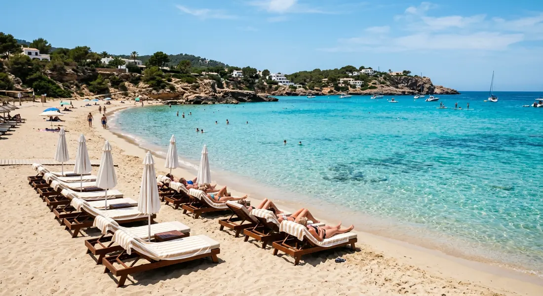 Sonnenliegen und klares Wasser an der Cala Tarida