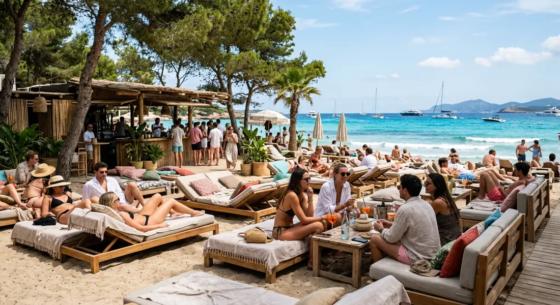 Strandbar-Atmosphäre am Ses Salines mit Sonnenliegen