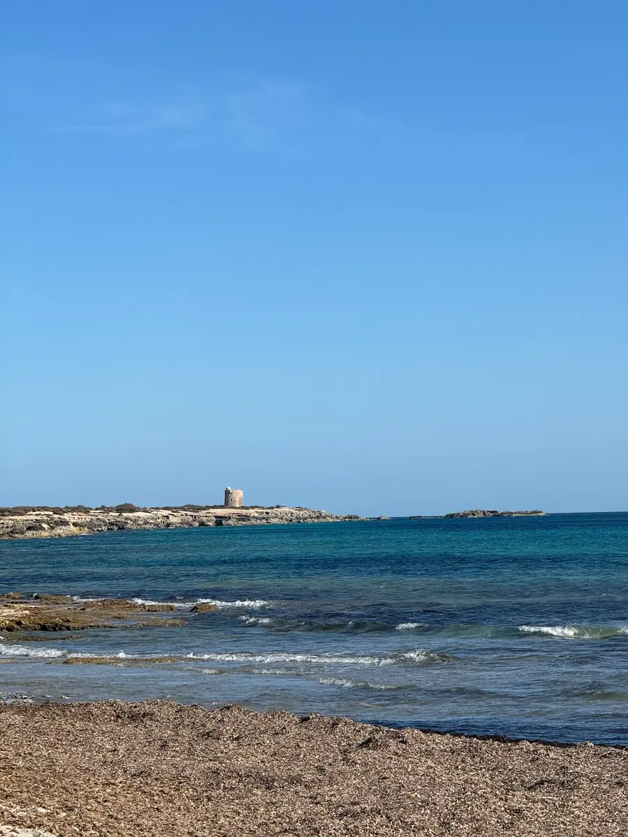 View over the turquoise bay of Ses Salines to a historic watchtower on the rocky headland